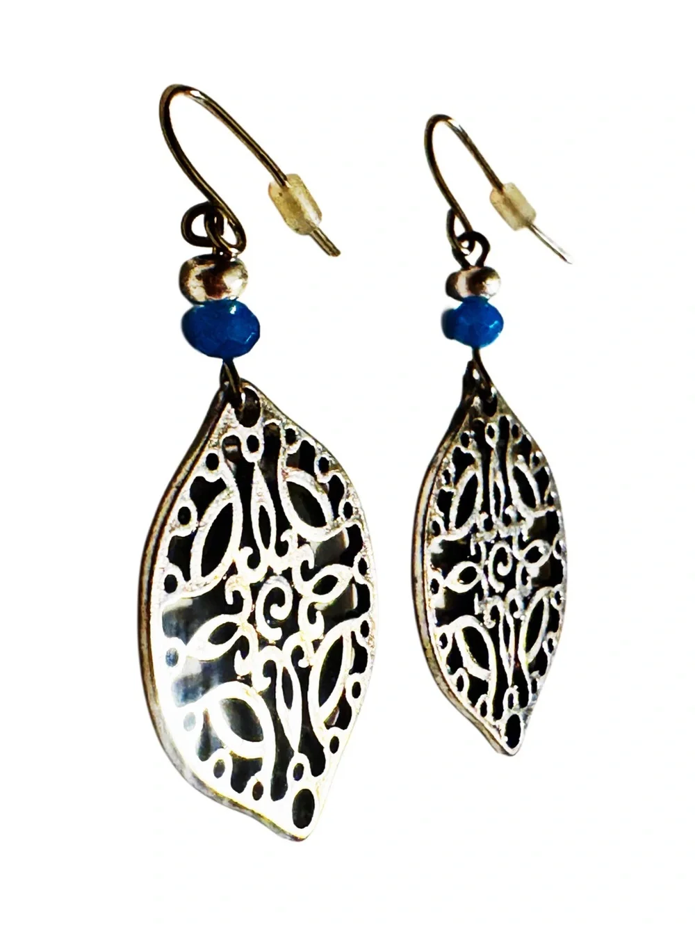 Filigree Leaf Drop Earrings with Blue and Silver Bead Accents